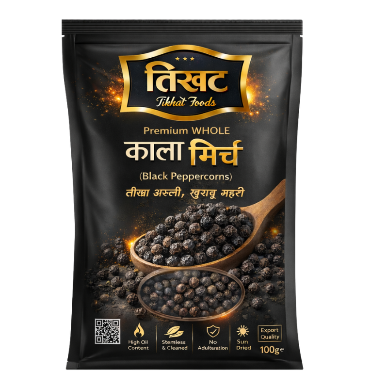 Kali Mirch 100g - Premium Whole Black Pepper by Tikhat Foods